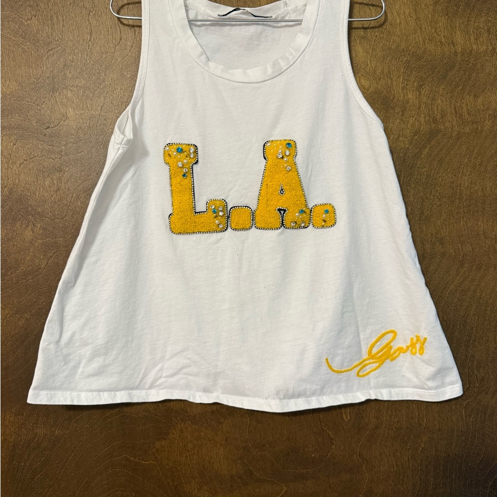 GUESS Tank Top with Yellow LA Beaded Embroidered Design